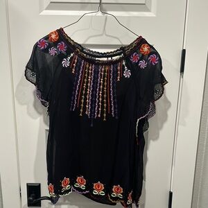 Black Flutter Sleeve Blouse with Ruffled Embellishments